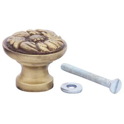 1 1/4 Inch Solid Brass Patterned Round Knob (Antique Brass Finish)