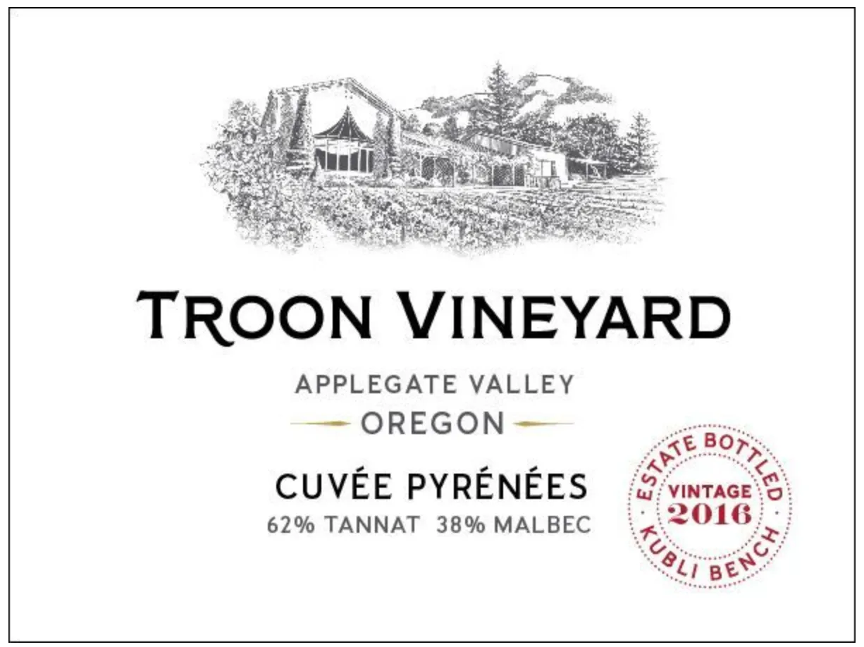 2016 Troon Vineyard Estate Cuvée Pyrénées Tannat/Malbec Co-ferment, Kubli Bench, Applegate Valley