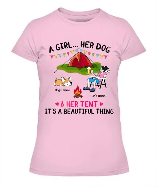 A Camping Girl And Her Fur Babies Personalized Graphic Apparel - Car, Skin, Hair, Drink, Pets And Name can be customized