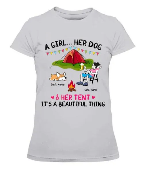 A Camping Girl And Her Fur Babies Personalized Graphic Apparel - Car, Skin, Hair, Drink, Pets And Name can be customized