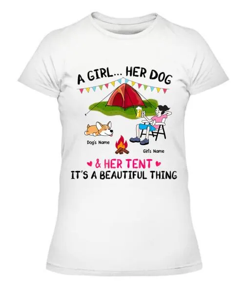 A Camping Girl And Her Fur Babies Personalized Graphic Apparel - Car, Skin, Hair, Drink, Pets And Name can be customized