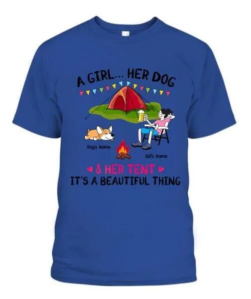 A Camping Girl And Her Fur Babies Personalized Graphic Apparel - Car, Skin, Hair, Drink, Pets And Name can be customized