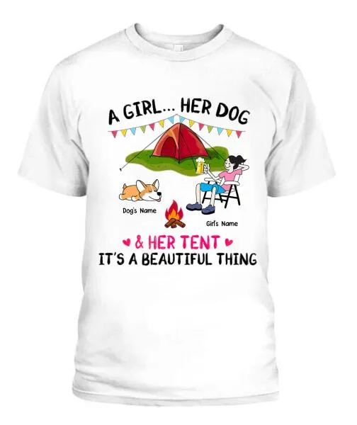 A Camping Girl And Her Fur Babies Personalized Graphic Apparel - Car, Skin, Hair, Drink, Pets And Name can be customized