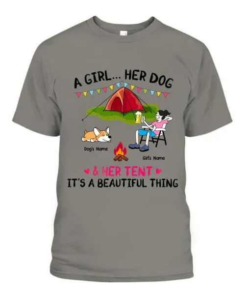 A Camping Girl And Her Fur Babies Personalized Graphic Apparel - Car, Skin, Hair, Drink, Pets And Name can be customized