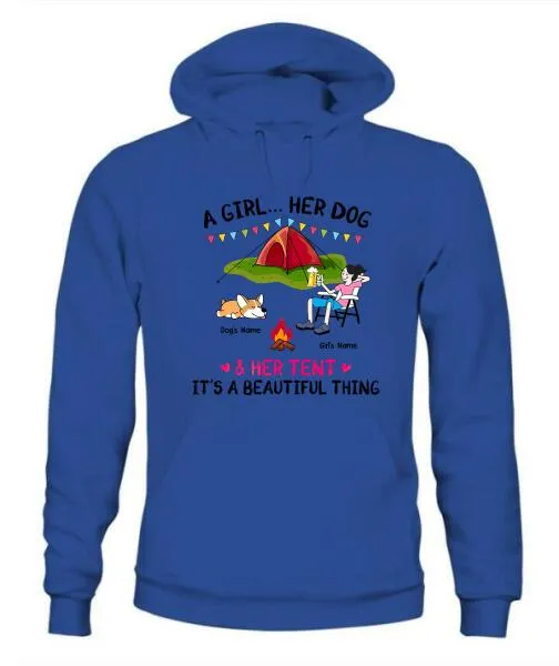 A Camping Girl And Her Fur Babies Personalized Graphic Apparel - Car, Skin, Hair, Drink, Pets And Name can be customized