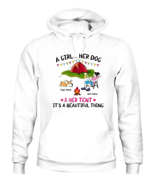 A Camping Girl And Her Fur Babies Personalized Graphic Apparel - Car, Skin, Hair, Drink, Pets And Name can be customized