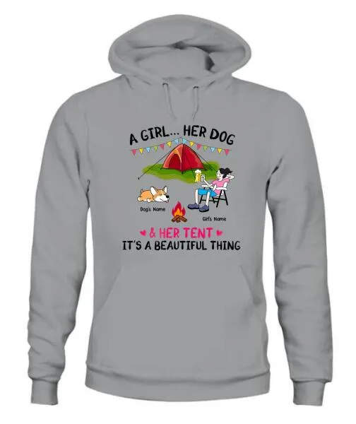 A Camping Girl And Her Fur Babies Personalized Graphic Apparel - Car, Skin, Hair, Drink, Pets And Name can be customized