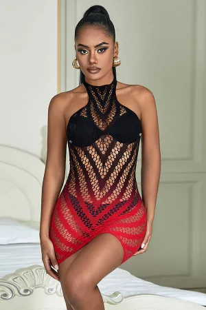 Black And Red Two-Color Gradient Stretchy Fishnet Chemise Dress