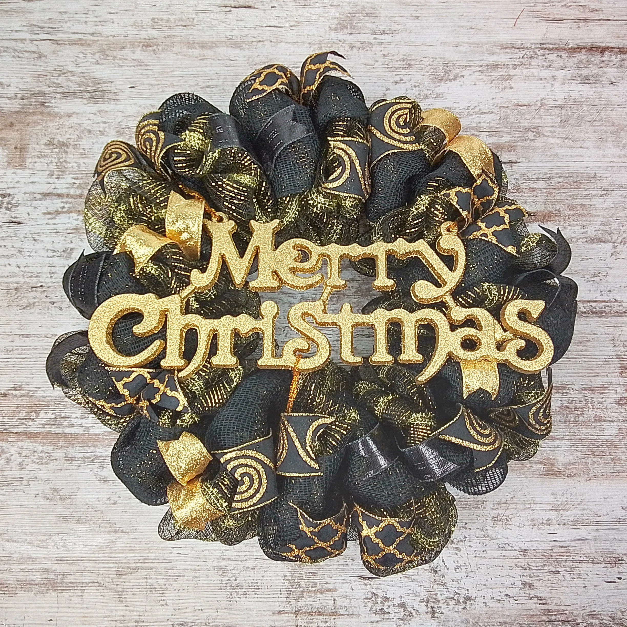 Christmas Black and Gold Front Door Wreath - New Years Eve Decor - Metallic Golden Decorations