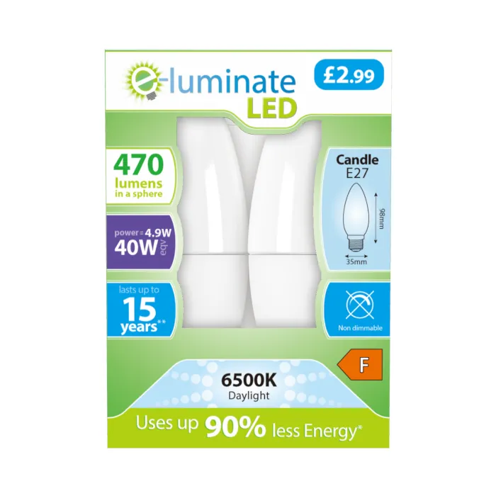 E-Luminate 4.9W E27 Candle LED Bulb - 470lm - 6500K - 2 Pack