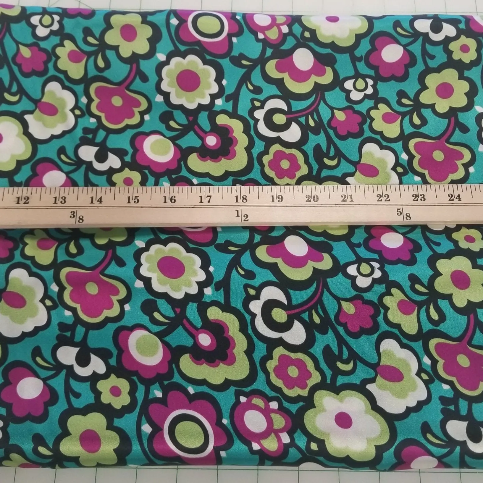 End of Bolt: 2.5 yards of Turquoise Retro Florals Satin Charmeuse Woven- Remnant