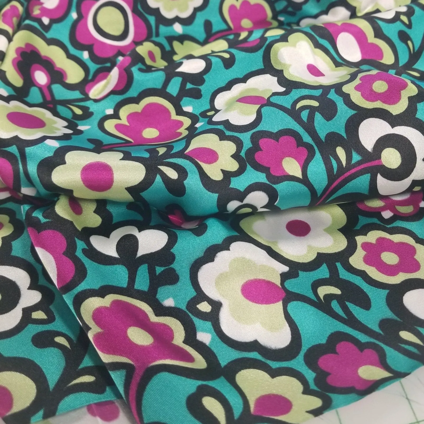 End of Bolt: 2.5 yards of Turquoise Retro Florals Satin Charmeuse Woven- Remnant