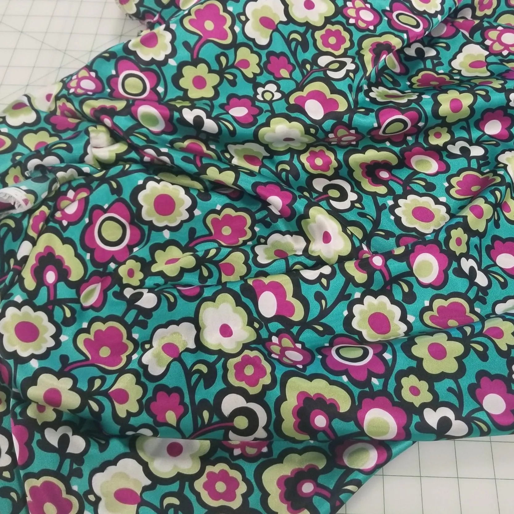 End of Bolt: 2.5 yards of Turquoise Retro Florals Satin Charmeuse Woven- Remnant