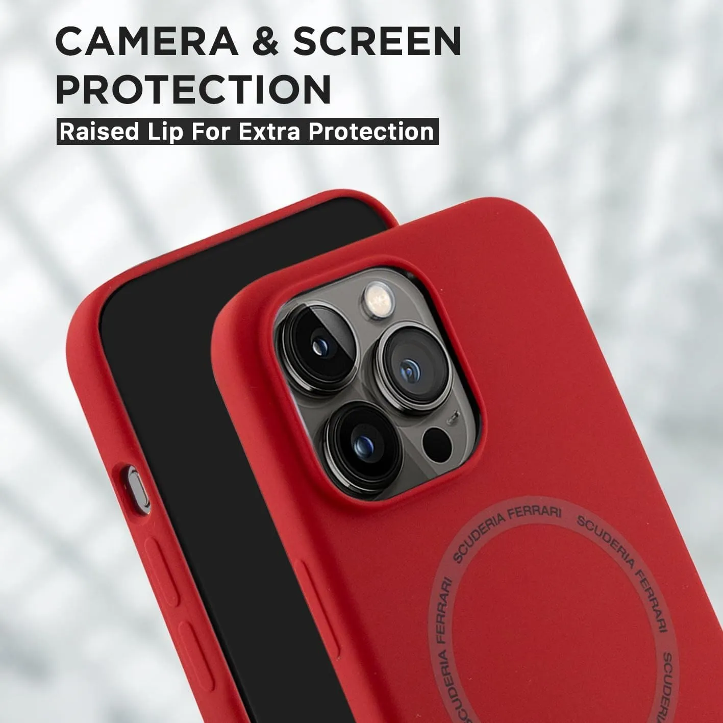 Ferrari Liquid Silicone Case Printed Ring with MagSafe for iphone 15 Pro Max 6.7" Red - FEHMP15XSBAR