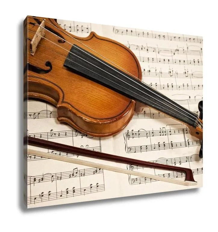 Gallery Wrapped Canvas, Old Violin And Bow On Musical Notes