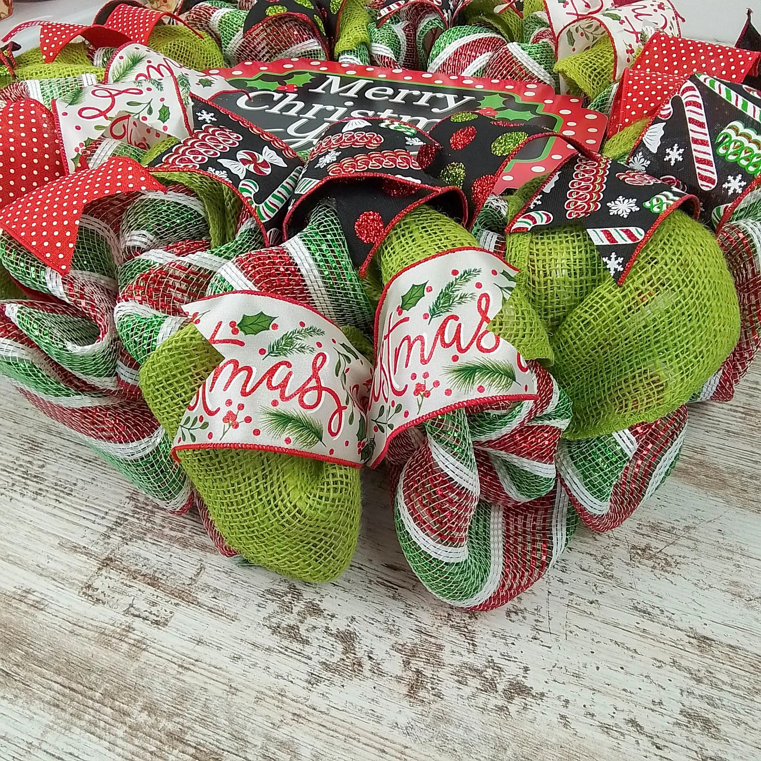 Merry Christmas Wreath | Merry Christmas Y'all | Mesh Front Door Wreath | Red Green White Black