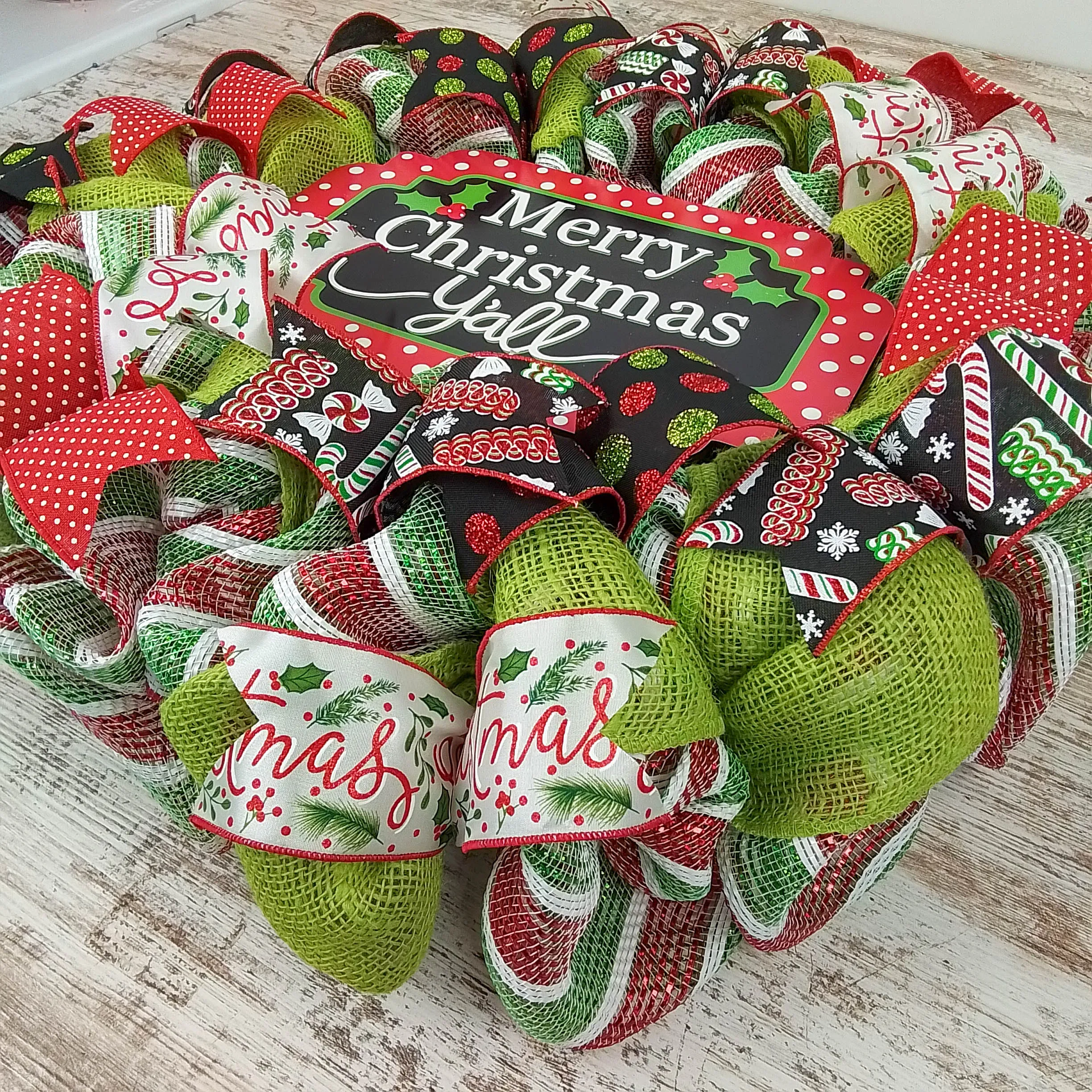 Merry Christmas Wreath | Merry Christmas Y'all | Mesh Front Door Wreath | Red Green White Black