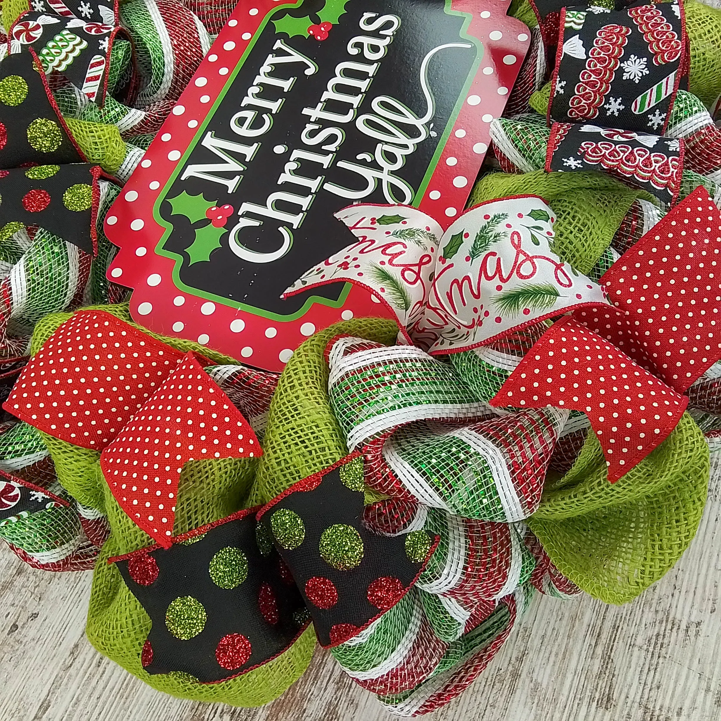 Merry Christmas Wreath | Merry Christmas Y'all | Mesh Front Door Wreath | Red Green White Black